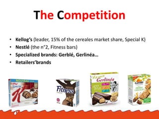 The Competition
• Kellog’s (leader, 15% of the cereales market share, Special K)
• Nestlé (the n°2, Fitness bars)
• Specia...