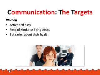 Communication: The Targets
Women
• Active and busy
• Fond of Kinder or liking treats
• But caring about their health
 