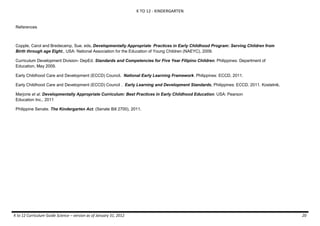 K TO 12 - KINDERGARTEN

References

Copple, Carol and Bredecamp, Sue. eds. Developmentally Appropriate Practices in Early Childhood Program: Serving Children from
Birth through age Eight., USA: National Association for the Education of Young Children (NAEYC), 2009.
Curriculum Development Division- DepEd. Standards and Competencies for Five Year Filipino Children. Philippines: Department of
Education, May 2009.
Early Childhood Care and Development (ECCD) Council. National Early Learning Framework. Philippines: ECCD, 2011.
Early Childhood Care and Development (ECCD) Council . Early Learning and Development Standards, Philippines: ECCD, 2011. Kostelnik,
Marjorie et al. Developmentally Appropriate Curriculum: Best Practices in Early Childhood Education. USA: Pearson
Education Inc., 2011
Philippine Senate. The Kindergarten Act. (Senate Bill 2700), 2011.

K to 12 Curriculum Guide Science – version as of January 31, 2012

20

 