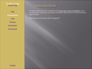 Student Page Title Introduction Task Process Evaluation Conclusion Credits [ Teacher Page ] It is time to make it rain! After reading the book  Cloudy with a Chance of Meatballs  in class, we will make our own rain! In this activity, you will learn about how rain is formed and how it helps the earth. Where does rain come from? Why is it important? 