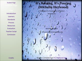 [ Student Page ] Title Introduction Learners Standards Process Resources Credits Teacher Page A WebQuest for Kindergarten (Weather) Designed by Michelle Heywood [email_address] Based on a template from  The WebQuest Page Evaluation Teacher Script Conclusion 