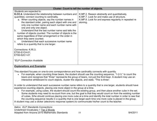 Cluster: Count to tell the number of objects.
Students are expected to:
K.CC.4. Understand the relationship between numbers and       K.MP.2. Reason abstractly and quantitatively.
quantities; connect counting to cardinality.                  K.MP.7. Look for and make use of structure.
    a. When counting objects, say the number names in         K.MP.8. Look for and express regularity in repeated re
       the standard order, pairing each object with one and   atoning.
       only one number name and each number name with
       one and only one object.
b.     Understand that the last number name said tells the
   number of objects counted. The number of objects is the
   same regardless of their arrangement or the order in
   which they were counted.
c.     Understand that each successive number name
   refers to a quantity that is one larger.

Connections: K.RI.3;
ET00-S1C4-01;
ET00-S2C1-01

*ELP Connection Available

Explanations and Examples

This standard focuses on one-to-one correspondence and how cardinality connects with quantity.
   • For example, when counting three bears, the student should use the counting sequence, “1-2-3,” to count the
       bears and recognize that “three” represents the group of bears, not just the third bear. A student may use an
       interactive whiteboard to count objects, cluster the objects, and state, “This is three”.

In order to understand that each successive number name refers to a quantity that is one larger, students should have
experience counting objects, placing one more object in the group at a time.
    • For example, using cubes, the student should count the existing group, and then place another cube in the set.
       Some students may need to re-count from one, but the goal is that they would count on from the existing number
       of cubes. S/he should continue placing one more cube at a time and identify the total number in order to see that
       the counting sequence results in a quantity that is one larger each time one more cube is placed in the group.
A student may use a clicker (electronic response system) to communicate his/her count to the teacher.

Italics: ELP Standards Connections
Underlined Vocabulary = Tier 2 Words
Adapted from Arizona 2010 Mathematic Standards                18                                             8/4/2011
 