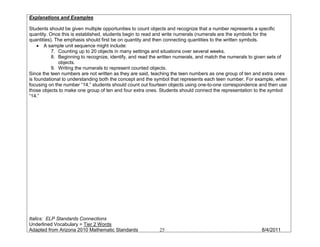 Explanations and Examples

Students should be given multiple opportunities to count objects and recognize that a number represents a specific
quantity. Once this is established, students begin to read and write numerals (numerals are the symbols for the
quantities). The emphasis should first be on quantity and then connecting quantities to the written symbols.
    • A sample unit sequence might include:
           7. Counting up to 20 objects in many settings and situations over several weeks.
           8. Beginning to recognize, identify, and read the written numerals, and match the numerals to given sets of
              objects.
           9. Writing the numerals to represent counted objects.
Since the teen numbers are not written as they are said, teaching the teen numbers as one group of ten and extra ones
is foundational to understanding both the concept and the symbol that represents each teen number. For example, when
focusing on the number “14,” students should count out fourteen objects using one-to-one correspondence and then use
those objects to make one group of ten and four extra ones. Students should connect the representation to the symbol
“14.”




Italics: ELP Standards Connections
Underlined Vocabulary = Tier 2 Words
Adapted from Arizona 2010 Mathematic Standards             25                                             8/4/2011
 