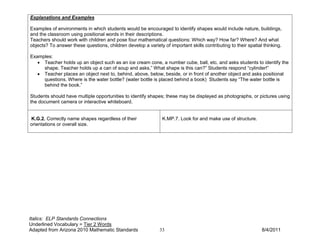 Explanations and Examples

Examples of environments in which students would be encouraged to identify shapes would include nature, buildings,
and the classroom using positional words in their descriptions.
Teachers should work with children and pose four mathematical questions: Which way? How far? Where? And what
objects? To answer these questions, children develop a variety of important skills contributing to their spatial thinking.

Examples:
   • Teacher holds up an object such as an ice cream cone, a number cube, ball, etc. and asks students to identify the
     shape. Teacher holds up a can of soup and asks,” What shape is this can?” Students respond “cylinder!”
   • Teacher places an object next to, behind, above, below, beside, or in front of another object and asks positional
     questions. Where is the water bottle? (water bottle is placed behind a book) Students say “The water bottle is
     behind the book.”

Students should have multiple opportunities to identify shapes; these may be displayed as photographs, or pictures using
the document camera or interactive whiteboard.


K.G.2. Correctly name shapes regardless of their                K.MP.7. Look for and make use of structure.
orientations or overall size.




Italics: ELP Standards Connections
Underlined Vocabulary = Tier 2 Words
Adapted from Arizona 2010 Mathematic Standards                33                                                8/4/2011
 