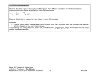 Explanations and Examples

Students should be exposed to many types of triangles in many different orientations in order to eliminate the
misconception that a triangle is always right-side-up and equilateral.




Students should also be exposed to many shapes in many different sizes.

Examples:
   • Teacher makes pairs of paper shapes that are different sizes. Each student is given one shape and the objective
     is to find the partner who has the same shape.
Teacher brings in a variety of spheres (tennis ball, basketball, globe, ping pong ball, etc) to demonstrate that size doesn’t
change the name of a shape.




Italics: ELP Standards Connections
Underlined Vocabulary = Tier 2 Words
Adapted from Arizona 2010 Mathematic Standards                34                                               8/4/2011
 