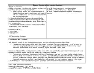 Cluster: Count to tell the number of objects.
Students are expected to:
K.CC.4. Understand the relationship between numbers and        K.MP.2. Reason abstractly and quantitatively.
quantities; connect counting to cardinality.                   K.MP.7. Look for and make use of structure.
    a. When counting objects, say the number names in          K.MP.8. Look for and express regularity in repeated re
        the standard order, pairing each object with one and   atoning.
        only one number name and each number name with
        one and only one object.
b. Understand that the last number name said tells the
number of objects counted. The number of objects is the
same regardless of their arrangement or the order in which
they were counted.
c. Understand that each successive number name refers
  to a quantity that is one larger.

Connections: K.RI.3;
ET00-S1C4-01;
ET00-S2C1-01

*ELP Connection Available

Explanations and Examples

This standard focuses on one-to-one correspondence and how cardinality connects with quantity.
   • For example, when counting three bears, the student should use the counting sequence, “1-2-3,” to count the
       bears and recognize that “three” represents the group of bears, not just the third bear. A student may use an
       interactive whiteboard to count objects, cluster the objects, and state, “This is three”.

In order to understand that each successive number name refers to a quantity that is one larger, students should have
experience counting objects, placing one more object in the group at a time.
    • For example, using cubes, the student should count the existing group, and then place another cube in the set.
       Some students may need to re-count from one, but the goal is that they would count on from the existing number
       of cubes. S/he should continue placing one more cube at a time and identify the total number in order to see that
       the counting sequence results in a quantity that is one larger each time one more cube is placed in the group.
A student may use a clicker (electronic response system) to communicate his/her count to the teacher.

Italics: ELP Standards Connections
Underlined Vocabulary = Tier 2 Words
Adapted from Arizona 2010 Mathematic Standards                 39                                            8/4/2011
 