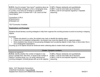 K.CC.5. Count to answer “how many?” questions about as         K.MP.2. Reason abstractly and quantitatively.
many as 20 things arranged in a line, a rectangular array,     K.MP.7. Look for and make use of structure.
or a circle, or as many as 10 things in a scattered            K.MP.8. Look for and express regularity in repeated
configuration; given a number from 1–20, count out that        reasoning.
many objects.

Connections: K.RI.4;
ET00-S1C4-01;
ET00-S2C1-01

*ELP Connection Available

Explanations and Examples

Students should develop counting strategies to help them organize the counting process to avoid re-counting or skipping
objects.

Examples:
   • If items are placed in a circle, the student may mark or identify the starting object.
   • If items are in a scattered configuration, the student may move the objects into an organized pattern.
   • Some students may choose to use grouping strategies such as placing objects in twos, fives, or tens (note: this is
      not a kindergarten expectation).
Counting up to 20 objects should be reinforced when collecting data to create charts and graphs.


                                                  Cluster: Compare numbers.
Students are expected to:
K.CC.6. Identify whether the number of objects in one          K.MP.2. Reason abstractly and quantitatively.
group is greater than, less than, or equal to the number of    K.MP.7. Look for and make use of structure.
objects in another group, e.g., by using matching and          K.MP.8. Look for and express regularity in repeated
counting strategies. (Include groups with up to ten objects)   reasoning.




Italics: ELP Standards Connections
Underlined Vocabulary = Tier 2 Words
Adapted from Arizona 2010 Mathematic Standards                 40                                            8/4/2011
 