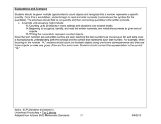 Explanations and Examples

Students should be given multiple opportunities to count objects and recognize that a number represents a specific
quantity. Once this is established, students begin to read and write numerals (numerals are the symbols for the
quantities). The emphasis should first be on quantity and then connecting quantities to the written symbols.
    • A sample unit sequence might include:
           13. Counting up to 20 objects in many settings and situations over several weeks.
           14. Beginning to recognize, identify, and read the written numerals, and match the numerals to given sets of
               objects.
           15. Writing the numerals to represent counted objects.
Since the teen numbers are not written as they are said, teaching the teen numbers as one group of ten and extra ones
is foundational to understanding both the concept and the symbol that represents each teen number. For example, when
focusing on the number “14,” students should count out fourteen objects using one-to-one correspondence and then use
those objects to make one group of ten and four extra ones. Students should connect the representation to the symbol
“14.”




Italics: ELP Standards Connections
Underlined Vocabulary = Tier 2 Words
Adapted from Arizona 2010 Mathematic Standards              57                                             8/4/2011
 