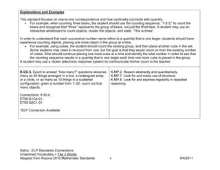 Explanations and Examples

This standard focuses on one-to-one correspondence and how cardinality connects with quantity.
   • For example, when counting three bears, the student should use the counting sequence, “1-2-3,” to count the
       bears and recognize that “three” represents the group of bears, not just the third bear. A student may use an
       interactive whiteboard to count objects, cluster the objects, and state, “This is three”.

In order to understand that each successive number name refers to a quantity that is one larger, students should have
experience counting objects, placing one more object in the group at a time.
    • For example, using cubes, the student should count the existing group, and then place another cube in the set.
       Some students may need to re-count from one, but the goal is that they would count on from the existing number
       of cubes. S/he should continue placing one more cube at a time and identify the total number in order to see that
       the counting sequence results in a quantity that is one larger each time one more cube is placed in the group.
A student may use a clicker (electronic response system) to communicate his/her count to the teacher.


K.CC.5. Count to answer “how many?” questions about as       K.MP.2. Reason abstractly and quantitatively.
many as 20 things arranged in a line, a rectangular array,   K.MP.7. Look for and make use of structure.
or a circle, or as many as 10 things in a scattered          K.MP.8. Look for and express regularity in repeated
configuration; given a number from 1–20, count out that      reasoning.
many objects.

Connections: K.RI.4;
ET00-S1C4-01;
ET00-S2C1-01

*ELP Connection Available




Italics: ELP Standards Connections
Underlined Vocabulary = Tier 2 Words
Adapted from Arizona 2010 Mathematic Standards               6                                               8/4/2011
 