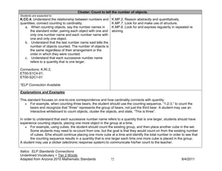 Cluster: Count to tell the number of objects.
Students are expected to:
K.CC.4. Understand the relationship between numbers and       K.MP.2. Reason abstractly and quantitatively.
quantities; connect counting to cardinality.                  K.MP.7. Look for and make use of structure.
   a. When counting objects, say the number names in          K.MP.8. Look for and express regularity in repeated re
       the standard order, pairing each object with one and   atoning.
       only one number name and each number name with
       one and only one object.
   b. Understand that the last number name said tells the
       number of objects counted. The number of objects is
       the same regardless of their arrangement or the
       order in which they were counted.
   c. Understand that each successive number name
       refers to a quantity that is one larger.

Connections: K.RI.3;
ET00-S1C4-01;
ET00-S2C1-01

*ELP Connection Available

Explanations and Examples

This standard focuses on one-to-one correspondence and how cardinality connects with quantity.
   • For example, when counting three bears, the student should use the counting sequence, “1-2-3,” to count the
       bears and recognize that “three” represents the group of bears, not just the third bear. A student may use an
       interactive whiteboard to count objects, cluster the objects, and state, “This is three”.

In order to understand that each successive number name refers to a quantity that is one larger, students should have
experience counting objects, placing one more object in the group at a time.
    • For example, using cubes, the student should count the existing group, and then place another cube in the set.
       Some students may need to re-count from one, but the goal is that they would count on from the existing number
       of cubes. S/he should continue placing one more cube at a time and identify the total number in order to see that
       the counting sequence results in a quantity that is one larger each time one more cube is placed in the group.
A student may use a clicker (electronic response system) to communicate his/her count to the teacher.

Italics: ELP Standards Connections
Underlined Vocabulary = Tier 2 Words
Adapted from Arizona 2010 Mathematic Standards                72                                             8/4/2011
 