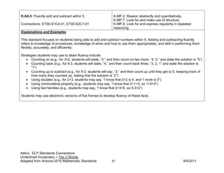 K.0A.5. Fluently add and subtract within 5.                    K.MP.2. Reason abstractly and quantitatively.
                                                               K.MP.7. Look for and make use of structure.
Connections: ET00-S1C4-01; ET00-S2C1-01                        K.MP.8. Look for and express regularity in repeated
                                                               reasoning.
Explanations and Examples

This standard focuses on students being able to add and subtract numbers within 5. Adding and subtracting fluently
refers to knowledge of procedures, knowledge of when and how to use them appropriately, and skill in performing them
flexibly, accurately, and efficiently.

Strategies students may use to attain fluency include:
   • Counting on (e.g., for 3+2, students will state, “3,” and then count on two more, “4, 5,” and state the solution is “5”)
   • Counting back (e.g., for 4-3, students will state, “4,” and then count back three, “3, 2, 1” and state the solution is
       “1”)
   • Counting up to subtract (e.g., for 5-3, students will say, “3,” and then count up until they get to 5, keeping track of
       how many they counted up, stating that the solution is “2”)
   • Using doubles (e.g., for 2+3, students may say, “I know that 2+2 is 4, and 1 more is 5”)
   • Using commutative property (e.g., students may say, “I know that 2+1=3, so 1+2=3”)
   • Using fact families (e.g., students may say, “I know that 2+3=5, so 5-3=2”)

Students may use electronic versions of five frames to develop fluency of these facts.




Italics: ELP Standards Connections
Underlined Vocabulary = Tier 2 Words
Adapted from Arizona 2010 Mathematic Standards                82                                               8/4/2011
 