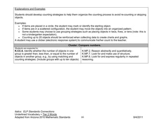 Explanations and Examples

Students should develop counting strategies to help them organize the counting process to avoid re-counting or skipping
objects.

Examples:
   • If items are placed in a circle, the student may mark or identify the starting object.
   • If items are in a scattered configuration, the student may move the objects into an organized pattern.
   • Some students may choose to use grouping strategies such as placing objects in twos, fives, or tens (note: this is
      not a kindergarten expectation).
   • Counting up to 20 objects should be reinforced when collecting data to create charts and graphs.
A student may use a clicker (electronic response system) to communicate his/her count to the teacher.

                                                  Cluster: Compare numbers.
Students are expected to:
K.CC.6. Identify whether the number of objects in one          K.MP.2. Reason abstractly and quantitatively.
group is greater than, less than, or equal to the number of    K.MP.7. Look for and make use of structure.
objects in another group, e.g., by using matching and          K.MP.8. Look for and express regularity in repeated
counting strategies. (Include groups with up to ten objects)   reasoning.




Italics: ELP Standards Connections
Underlined Vocabulary = Tier 2 Words
Adapted from Arizona 2010 Mathematic Standards                 89                                            8/4/2011
 