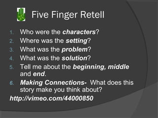 Five Finger Retell
1. Who were the characters?
2. Where was the setting?
3. What was the problem?
4. What was the solution?
5. Tell me about the beginning, middle
and end.
6. Making Connections- What does this
story make you think about?
http://vimeo.com/44000850
 