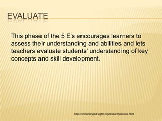 EVALUATE

This phase of the 5 E's encourages learners to
assess their understanding and abilities and lets
teachers evaluate students' understanding of key
concepts and skill development.




                      http://enhancinged.wgbh.org/research/eeeee.html
 