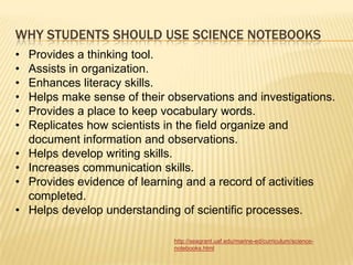 WHY STUDENTS SHOULD USE SCIENCE NOTEBOOKS
•   Provides a thinking tool.
•   Assists in organization.
•   Enhances literacy skills.
•   Helps make sense of their observations and investigations.
•   Provides a place to keep vocabulary words.
•   Replicates how scientists in the field organize and
    document information and observations.
•   Helps develop writing skills.
•   Increases communication skills.
•   Provides evidence of learning and a record of activities
    completed.
•   Helps develop understanding of scientific processes.

                               http://seagrant.uaf.edu/marine-ed/curriculum/science-
                               notebooks.html
 