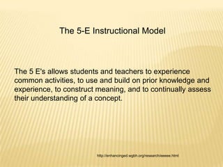The 5-E Instructional Model



The 5 E's allows students and teachers to experience
common activities, to use and build on prior knowledge and
experience, to construct meaning, and to continually assess
their understanding of a concept.




                        http://enhancinged.wgbh.org/research/eeeee.html
 