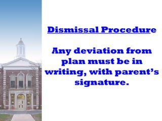Dismissal Procedure
Any deviation from
plan must be in
writing, with parent’s
signature.
Dismissal Procedure
Any deviation from
plan must be in
writing, with parent’s
signature.
 