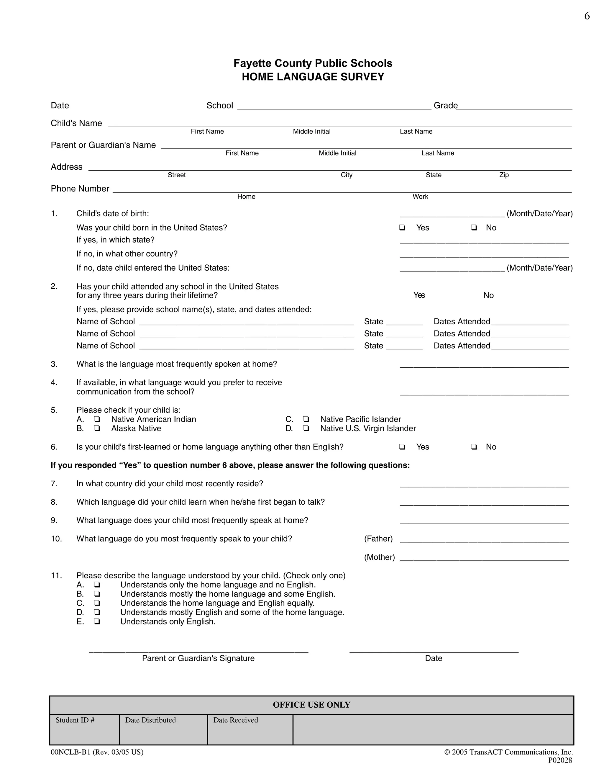 Kindergarten Registration Form PDF