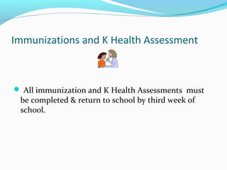 Immunizations and K Health Assessment
 All immunization and K Health Assessments must
be completed & return to school by third week of
school.
 