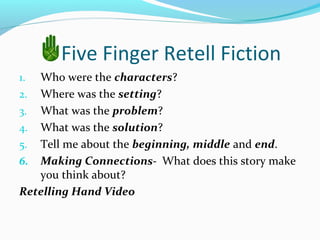 Five Finger Retell Fiction
1. Who were the characters?
2. Where was the setting?
3. What was the problem?
4. What was the solution?
5. Tell me about the beginning, middle and end.
6. Making Connections- What does this story make
you think about?
Retelling Hand Video
 