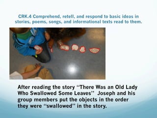 CRK.4 Comprehend, retell, and respond to basic ideas in
stories, poems, songs, and informational texts read to them.
After reading the story “There Was an Old Lady
Who Swallowed Some Leaves” Joseph and his
group members put the objects in the order
they were “swallowed” in the story.
 