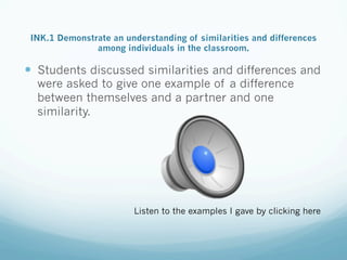 INK.1 Demonstrate an understanding of similarities and differences
among individuals in the classroom.
—  Students discussed similarities and differences and
were asked to give one example of a difference
between themselves and a partner and one
similarity.
Listen to the examples I gave by clicking here
 