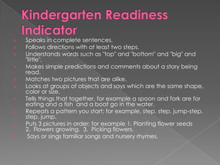 










Speaks in complete sentences.
Follows directions with at least two steps.
Understands words such as "top" and "bottom" and "big" and
"little".
Makes simple predictions and comments about a story being
read.
Matches two pictures that are alike.
Looks at groups of objects and says which are the same shape,
color or size.
Tells things that together, for example a spoon and fork are for
eating and a fish and a boat go in the water.
Repeats a pattern you start; for example, step, step, jump-step,
step, jump.
Puts 3 pictures in order; for example 1. Planting flower seeds
2. Flowers growing. 3. Picking flowers.
Says or sings familiar songs and nursery rhymes.

 