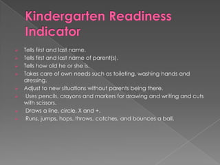 









Tells first and last name.
Tells first and last name of parent(s).
Tells how old he or she is.
Takes care of own needs such as toileting, washing hands and
dressing.
Adjust to new situations without parents being there.
Uses pencils, crayons and markers for drawing and writing and cuts
with scissors.
Draws a line, circle, X and +.
Runs, jumps, hops, throws, catches, and bounces a ball.

 