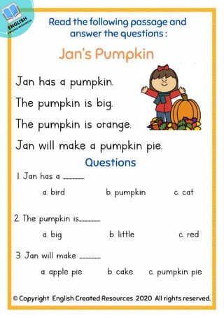 Kindergarten reading comprehension part 2 | PDF