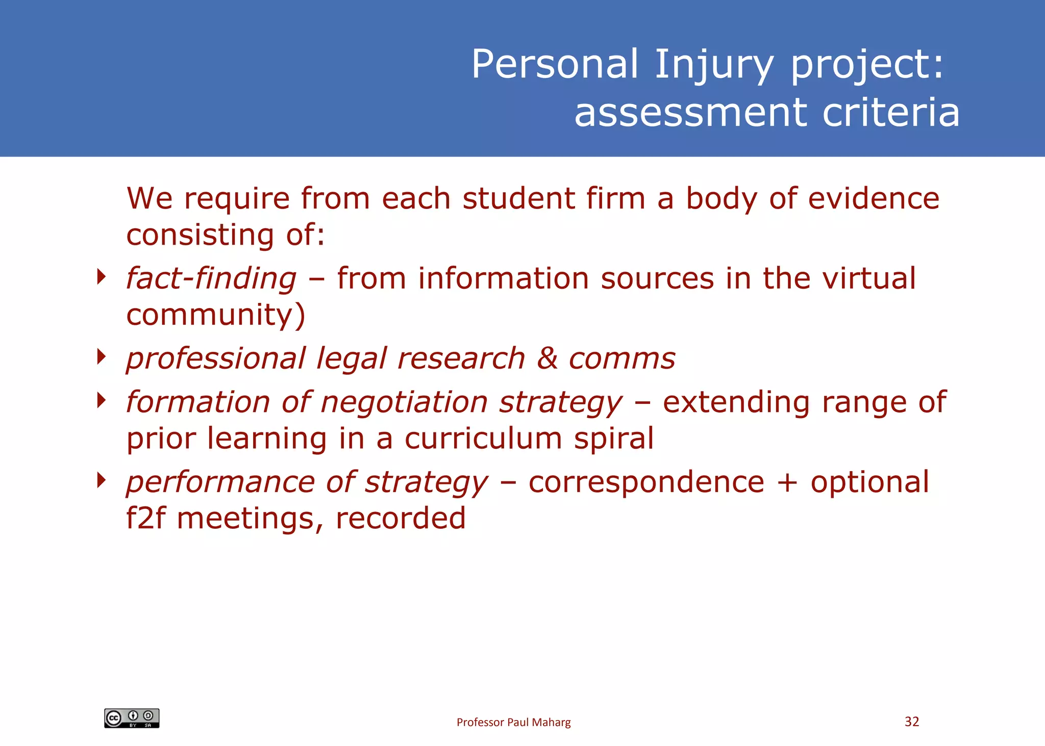 Personal Injury project:  assessment criteria We require from each student firm a body of evidence consisting of: fact-finding  – from information sources in the virtual community) professional legal research & comms formation of negotiation strategy  – extending range of prior learning in a curriculum spiral performance of strategy  –  correspondence + optional f2f meetings, recorded 