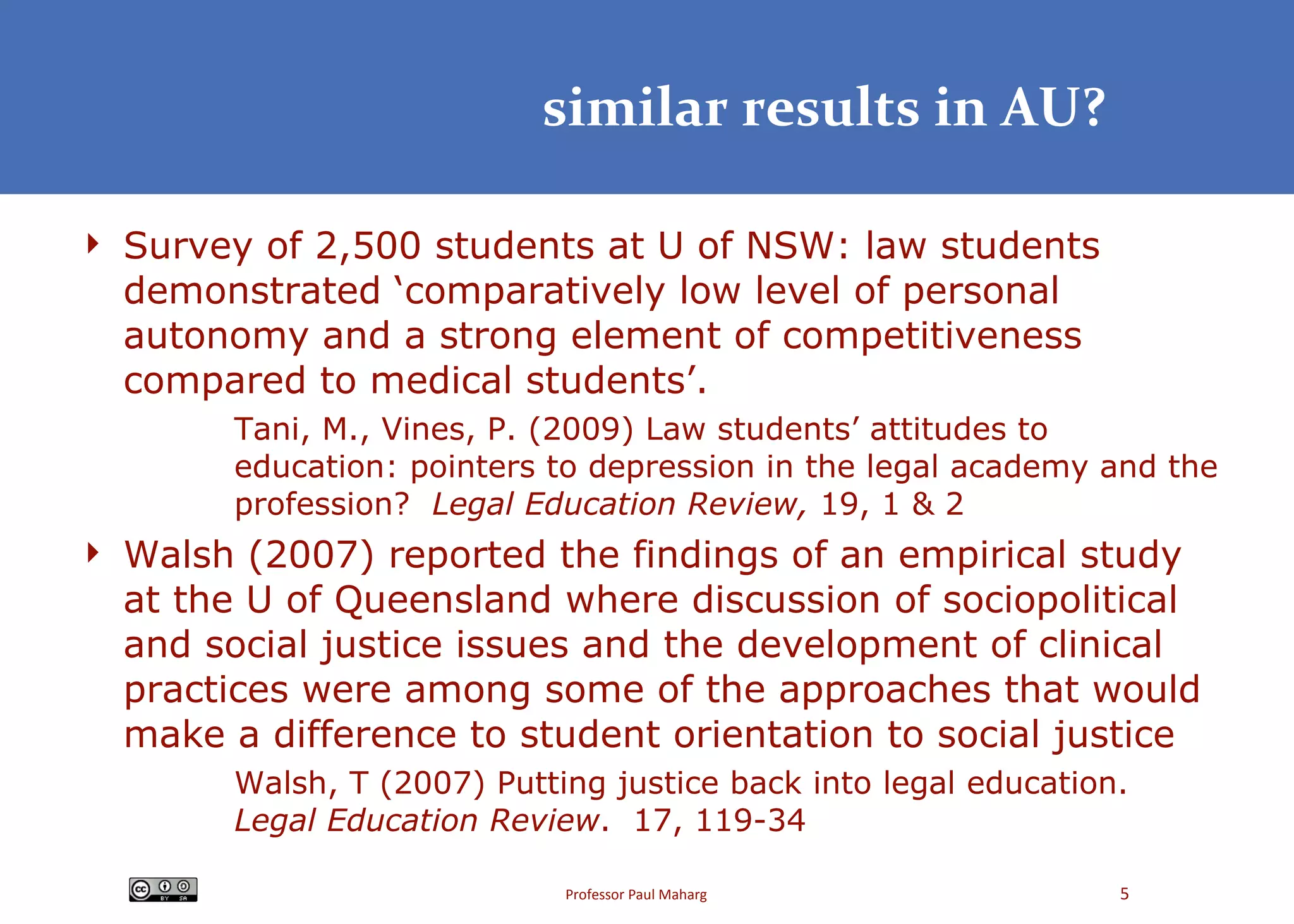 similar results in AU? Survey of 2,500 students at U of NSW: law students demonstrated ‘comparatively low level of personal autonomy and a strong element of competitiveness compared to medical students’. Tani, M., Vines, P. (2009) Law students’ attitudes to education: pointers to depression in the legal academy and the profession?  Legal Education Review,  19, 1 & 2 Walsh (2007) reported the findings of an empirical study at the U of Queensland where discussion of sociopolitical and social justice issues and the development of clinical practices were among some of the approaches that would make a difference to student orientation to social justice Walsh, T (2007) Putting justice back into legal education.  Legal Education Review .  17, 119-34  
