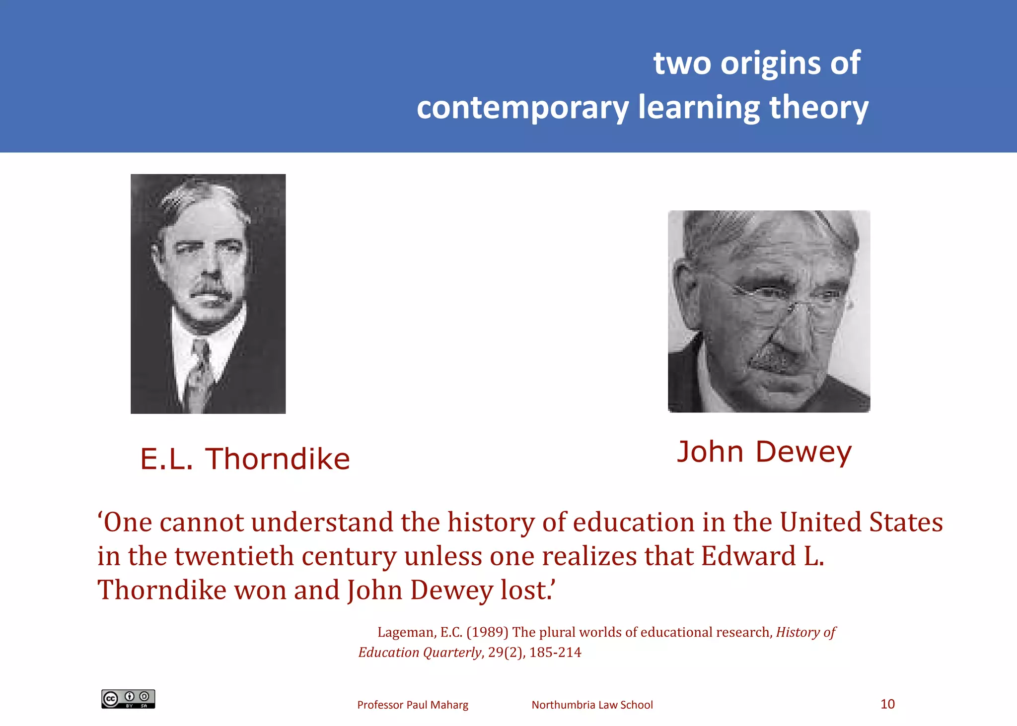two origins of  contemporary learning theory ‘ One cannot understand the history of education in the United States in the twentieth century unless one realizes that Edward L. Thorndike won and John Dewey lost.’      Lageman, E.C. (1989) The plural worlds of educational research,  History of Education Quarterly , 29(2), 185-214 E.L. Thorndike John Dewey 