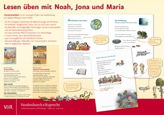 Lesen üben mit Noah, Jona und Maria
»Kinderlesebibel« ist ein neuartiges Projekt, das Leseförderung
und religiöse Bildung in einem bietet:
· die 40 wichtigsten Geschichten der Bibel auf weniger als 100 Seiten
· mit einfachen, kindgerechten Texten, die Lust aufs Lesen machen
· mit liebevollen und kindgemäßen Zeichnungen, die das Leseverständnis
  und die Auseinandersetzung fördern
· mit einem »Schwere-Wörter-Verzeichnis« zum Nachschlagen
· in einem Format, das in jede Kinderhand passt
                                                                                                                                           in klarer Schrift und in
· passt im evangelischen wie katholischen Kontext                                                                                          kurzen Sinneinheiten
                                                                                                                                                                       leicht verständliche,
                                                                                                                                           gesetzte Texte erleich-
· Rahmenerzählungen, Materialien zum Leseverständnis und Kreativ-                                                                          tern das Lesen
                                                                                                                                                                       elementare
                                                                                                                                                                       Nacherzählungen
  ideen im begleitenden Werkbuch




                                                                                                                                                                      im Zusammenhang
                                                                                                                                                                      der Geschichten werden
                                                                                                                                                                      das Kirchenjahr und die
                                                          ergänzend
                                                          ergänzend dazu:                                                                                             Sakramente vertraut
Michael Landgraf                                          Michael Landgraf                                                                                             wichtige Bildsignale
Kinderlesebibel                                           Werkbuch Kinderlesebibel                                                                                     helfen, den Glauben
Mit Bildern von Susanne Göhlich                           Einführungen, Rahmenerzählungen, Materialien                                                                 zu entdecken, z. B.
In Zusammenarbeit mit dem Verlag                          In Zusammenarbeit mit dem Verlag                                                                             das Schaf steht für
Katholisches Bibelwerk GmbH.                              Katholisches Bibelwerk GmbH.                                                                                 Trost und Wärme
2011. 96 Seiten vierfarbig, komplett illustriert,         2011. 119 Seiten mit zahlreichen Abbildungen
Format 17 × 24 cm, gebunden                               und Kopiervorlagen, DIN A4, kartoniert
€ 12,95 D / € 13,40 A / SFr 19,90                         € 14,95 D / € 15,40 A / SFr 23,50
ISBN 978-3-525-58017-2                                    ISBN 978-3-525-58018-9
der autor                                                                                                    Was sind Jünger, Pharisäer
Michael Landgraf leitet das Religionspädagogische         Das Werkbuch bietet zur inhaltlichen Erarbeitung   oder Zöllner? Ein »Schwere-
Zentrum in Neustadt (Pfalz). Der Kinderbibelexperte       der biblischen Geschichten Rahmenerzählungen,      Wörter-Verzeichnis« hilft
unterrichtet u. a. an einer Grundschule und ist Autor     Einführungen für die Erzählenden, Trainings zum    Unbekanntes zu klären.
vieler Kinder-, Kindersach- und Schulbücher.              Textverstehen und zur Sprachförderung sowie neue
                                                          kreative Ideen zur Erschließung und Gestaltung.
die zeichnerin
Susanne Göhlich hat Kunstgeschichte studiert. Sie lebt
in Leipzig und illustriert u. a. Sachbücher für Kinder.




                                      Vandenhoeck & Ruprecht, 37070 Göttingen info@v-r.de www.v-r.de
 
