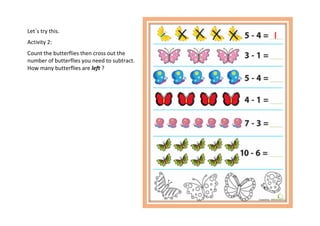 Let`s try this.
Activity 2:
Count the butterflies then cross out the
number of butterflies you need to subtract.
How many butterflies are left ?
 
