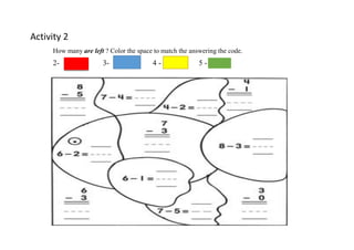 Activity 2
How many are left ? Color the space to match the answering the code.
2- 3- 4 - 5 -
 