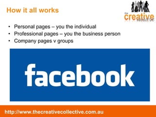 Personal pages – you the individual Professional pages – you the business person Company pages v groups How it all works 