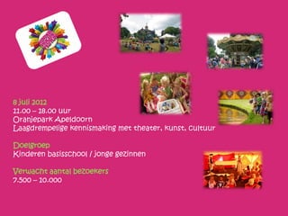 8 juli 2012
11.00 – 18.00 uur
Oranjepark Apeldoorn
Laagdrempelige kennismaking met theater, kunst, cultuur

Doelgroep
Kinderen basisschool / jonge gezinnen

Verwacht aantal bezoekersbezoekers
7.500 – 10.000
 