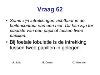 Vraag 62 Soms zijn intrekkingen zichtbaar in de buitencontour van een nier. Dit kan zijn ter plaatste van een papil of tussen twee papillen . Bij foetale lobulatie is de intrekking tussen twee papillen in gelegen.  A. Juist B. Onjuist C. Weet niet  