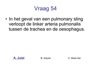 Vraag 54 In het geval van een pulmonary sling verloopt de linker arteria pulmonalis tussen de trachea en de oesophagus.  A. Juist B. Onjuist C. Weet niet  