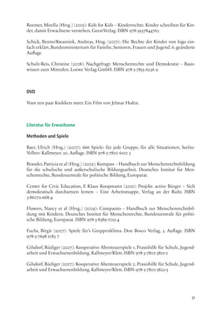 51
Roemer, Mirella (Hrsg.) (2005): Kids for Kids – Kinderrechte: Kinder schreiben für Kin-
der, damit Erwachsene verstehen, Geest-Verlag. ISBN 978-3937844763
Schick, Benno/Kwasniok, Andreas, Hrsg. (2007): Die Rechte der Kinder von logo ein-
fach erklärt, Bundesministerium für Familie, Senioren, Frauen und Jugend. 6. geänderte
Auflage
Schulz-Reis, Christine (2008): Nachgefragt: Menschenrechte und Demokratie – Basis-
wissen zum Mitreden. Loewe Verlag GmbH. ISBN 978-3-7855 6236 9
DVD
Voor een paar Knikkers meer. Ein Film von Jelmar Hufen.
Literatur für Erwachsene
Methoden und Spiele
Baer, Ulrich (Hrsg.) (2007): 666 Spiele: für jede Gruppe, für alle Situationen. Seelze-
Velber: Kallmeyer. 20. Auflage. ISBN 978-3-7800 6100 3
Brander,Patricia et al (Hrsg.) (2005): Kompass – Handbuch zur Menschenrechtsbildung
für die schulische und außerschulische Bildungsarbeit. Deutsches Institut für Men-
schenrechte, Bundeszentrale für politische Bildung, Europarat.
Center for Civic Education, F. Klaus Koopmann (2001): Projekt: active Bürger – Sich
demokratisch durchsetzen lernen – Eine Arbeitsmappe. Verlag an der Ruhr. ISBN
3-86072-668-4
Flowers, Nancy et al (Hrsg.) (2009): Compasito – Handbuch zur Menschenrechtsbil-
dung mit Kindern. Deutsches Institut für Menschenrechte, Bundeszentrale für politi-
sche Bildung, Europarat. ISBN 978-3-8389-7013-4
Fuchs, Birgit (2007): Spiele für’s Gruppenklima. Don Bosco Verlag. 5. Auflage. ISBN
978-3-7698 1083 7
Gilsdorf, Rüdiger (2007): Kooperative Abenteuerspiele 1. Praxishilfe für Schule, Jugend-
arbeit und Erwachsenenbildung. Kallmeyer/Klett. ISBN 978-3-7800-5801-0
Gilsdorf, Rüdiger (2007): Kooperative Abenteuerspiele 2. Praxishilfe für Schule, Jugend-
arbeit und Erwachsenenbildung. Kallmeyer/Klett. ISBN 978-3-7800-5822-5
 