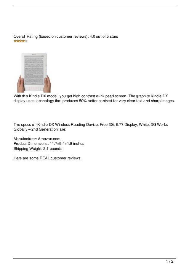 Kindle DX Wireless Reading Device, Free 3G, 9.7″ Display, White, 3G