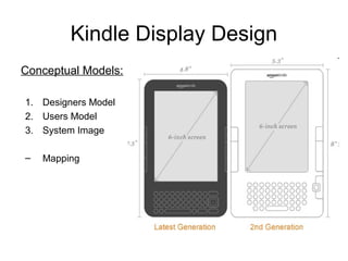 Kindle Display Design
Conceptual Models:
1. Designers Model
2. Users Model
3. System Image
– Mapping
 