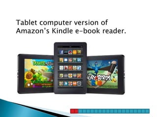 Tablet computer version of
Amazon’s Kindle e-book reader.
 