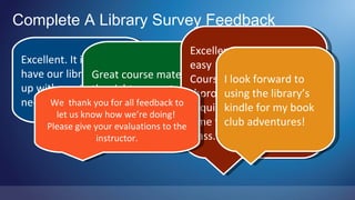 Complete A Library Survey Feedback
                                           Excellent options, very
 Excellent. It is great to                 easy and informative.
 have our library keep
                  Great course materials, justImaterial is
                                           Course look forward to
 up with our technical amount of thorough, so the library’s
                  the right                       using it does not
 needs! thankcontent for each training. kindle for my book
        We         you for all feedback to
                                           require extensive prep
         let us know how we’re doing!
       Please give your evaluations to the time toclub on a polished
                                                   put adventures!
                    instructor.            class.
 