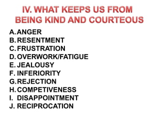 A.ANGER
B.RESENTMENT
C.FRUSTRATION
D.OVERWORK/FATIGUE
E. JEALOUSY
F. INFERIORITY
G.REJECTION
H.COMPETIVENESS
I. DISAPPOINTMENT
J. RECIPROCATION
 