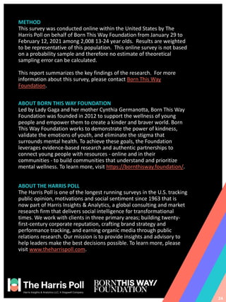 ABOUT BORN THIS WAY FOUNDATION
Led by Lady Gaga and her mother Cynthia Germanotta, Born This Way
Foundation was founded in 2012 to support the wellness of young
people and empower them to create a kinder and braver world. Born
This Way Foundation works to demonstrate the power of kindness,
validate the emotions of youth, and eliminate the stigma that
surrounds mental health. To achieve these goals, the Foundation
leverages evidence-based research and authentic partnerships to
connect young people with resources - online and in their
communities - to build communities that understand and prioritize
mental wellness. To learn more, visit https://bornthisway.foundation/.
24
ABOUT THE HARRIS POLL
The Harris Poll is one of the longest running surveys in the U.S. tracking
public opinion, motivations and social sentiment since 1963 that is
now part of Harris Insights & Analytics, a global consulting and market
research firm that delivers social intelligence for transformational
times. We work with clients in three primary areas; building twenty-
first-century corporate reputation, crafting brand strategy and
performance tracking, and earning organic media through public
relations research. Our mission is to provide insights and advisory to
help leaders make the best decisions possible. To learn more, please
visit www.theharrispoll.com.
METHOD
This survey was conducted online within the United States by The
Harris Poll on behalf of Born This Way Foundation from January 29 to
February 12, 2021 among 2,008 13-24 year olds. Results are weighted
to be representative of this population. This online survey is not based
on a probability sample and therefore no estimate of theoretical
sampling error can be calculated.
This report summarizes the key findings of the research. For more
information about this survey, please contact Born This Way
Foundation.
 