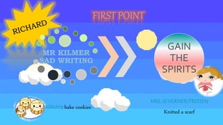 HANNAH: bake cookies
GAIN
THE
SPIRITS
MRS. SCHERMER/FREEDA:
Knitted a scarf
 