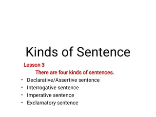 Kinds of Sentence
•
•
•
•
Lesson 3
There are four kinds of sentences.
Declarative/Assertive sentence
Interrogative sentence
Imperative sentence
Exclamatory sentence
 
