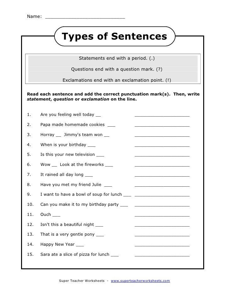 types of sentences worksheet