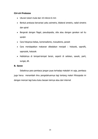 Ciri-ciri Protozoa
Ukuran tubuh mulai dari 10 mikron-6 mm
Bentuk protozoa bervariasi yaitu asimetris, bilateral simetris, radial simetris
dan spiral
Bergerak dengan flagel, pseudopodia, silia atau dengan gerakan sel itu
sendiri
Cara hidupnya bebas, komensalisme, mutualisme, parasit
Cara mendapatkan makanan dibedakan menjadi : holozoik, saprofit,
saprozoik, holozoik
Habitatnya di tempat-tempat berair, seperti di selokan, sawah, parit,
sungai, dll.
B. Saran
Sebaiknya para pembaca jangan puas terhadap makalah ini saja, pembaca
juga harus menambah ilmu pengetahuannya lagi tentang materi Rhizopoda ini
dengan mencari lagi buku-buku bacaan lainnya atau dari internet

14

 